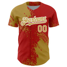 Load image into Gallery viewer, Custom Old Gold Red-White 3D Pattern Design Abstract Brush Stroke Authentic Baseball Jersey
