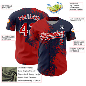 Custom Red Navy-White 3D Pattern Design Abstract Brush Stroke Authentic Baseball Jersey