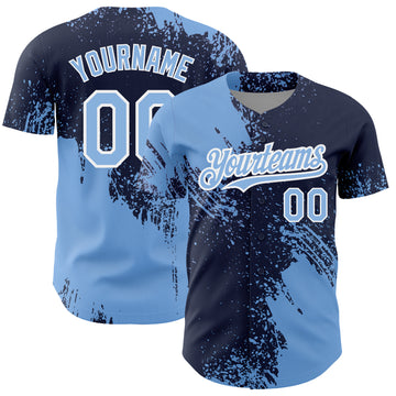 Custom Light Blue Navy-White 3D Pattern Design Abstract Brush Stroke Authentic Baseball Jersey