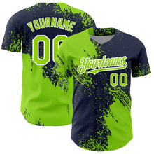 Load image into Gallery viewer, Custom Neon Green Navy-White 3D Pattern Design Abstract Brush Stroke Authentic Baseball Jersey
