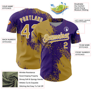 Custom Old Gold Purple-White 3D Pattern Design Abstract Brush Stroke Authentic Baseball Jersey