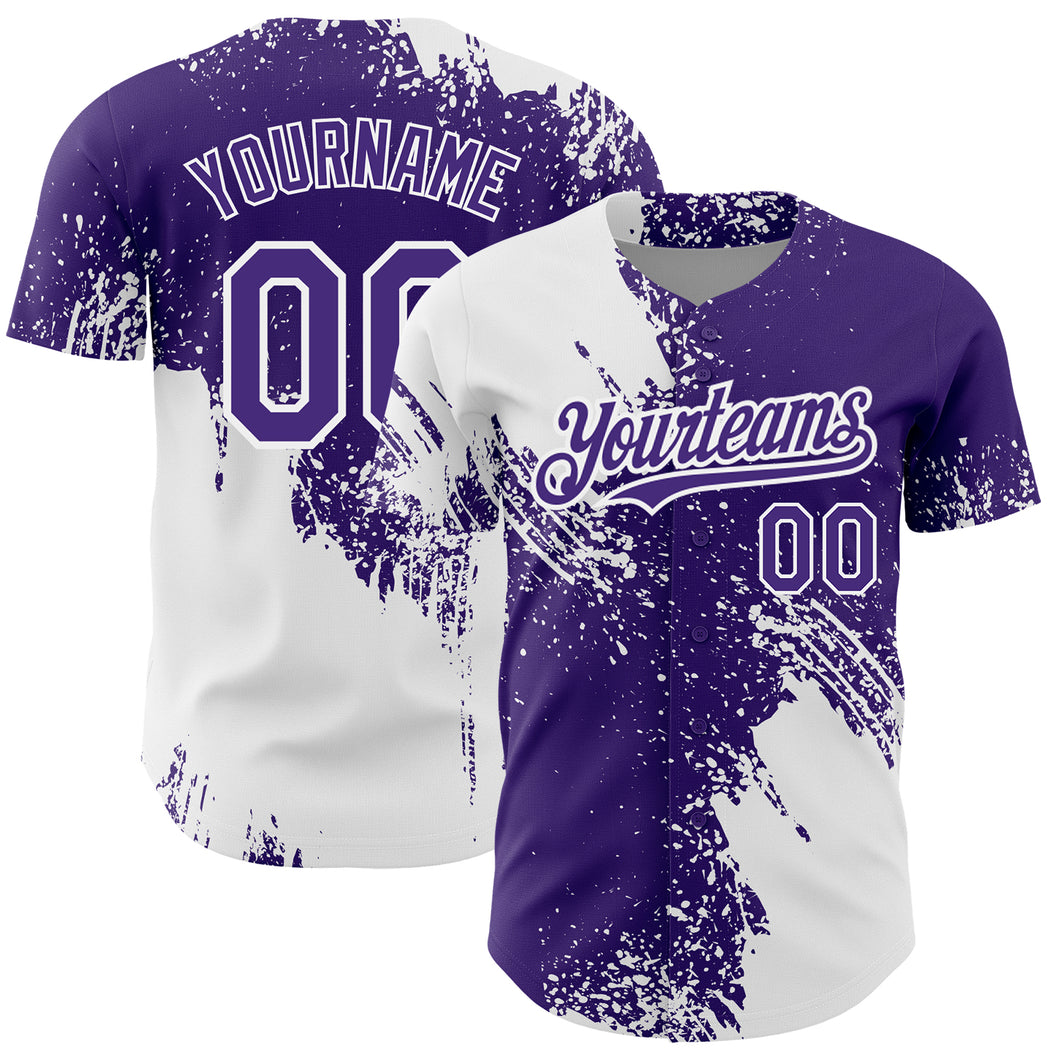 Custom White Purple 3D Pattern Design Abstract Brush Stroke Authentic Baseball Jersey