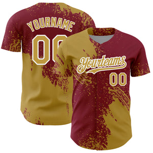 Custom Old Gold Crimson-White 3D Pattern Design Abstract Brush Stroke Authentic Baseball Jersey