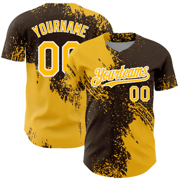 Custom Gold Brown-White 3D Pattern Design Abstract Brush Stroke Authentic Baseball Jersey