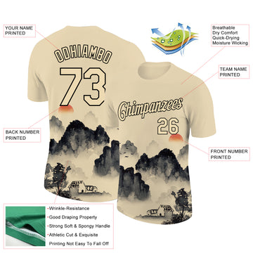 Custom City Cream Black 3D Pattern Design Mountain Performance T-Shirt