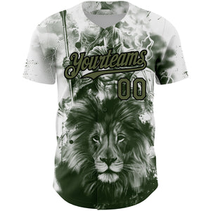 Custom White Olive-Black 3D Pattern Design Animal Lion Authentic Baseball Jersey