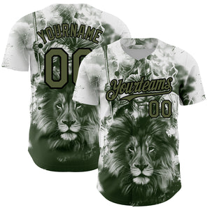 Custom White Olive-Black 3D Pattern Design Animal Lion Authentic Baseball Jersey