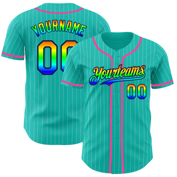 Custom Aqua White Pinstripe Rainbow Navy-Pink 3D Authentic Baseball Jersey