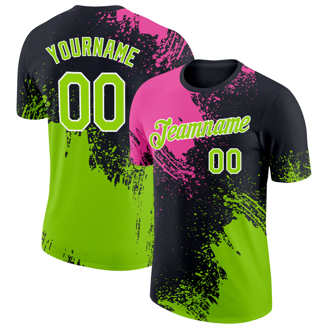 Custom Pink Neon Green-Black 3D Pattern Design Abstract Brush Stroke Performance T-Shirt