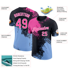 Load image into Gallery viewer, Custom Pink Black-Light Blue 3D Pattern Design Abstract Brush Stroke Performance T-Shirt
