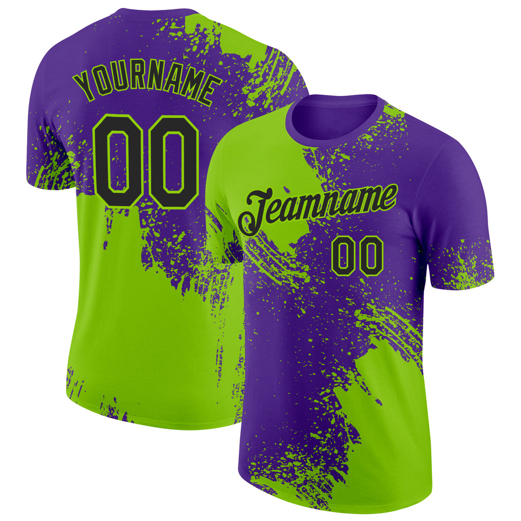 Custom Neon Green Black-Purple 3D Pattern Design Abstract Brush Stroke Performance T-Shirt