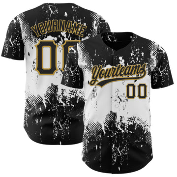 Custom Black White-Old Gold 3D Pattern Design Abstract Splatter Grunge Art Authentic Baseball Jersey