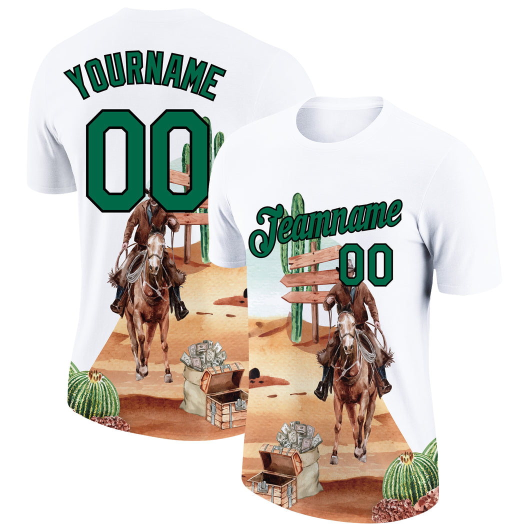 Custom White Kelly Green-Black 3D Pattern Design Cowboy Rodeo Performance T-Shirt