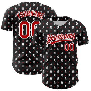 Custom Black Red-White 3D Gothic Style Skull Authentic Baseball Jersey