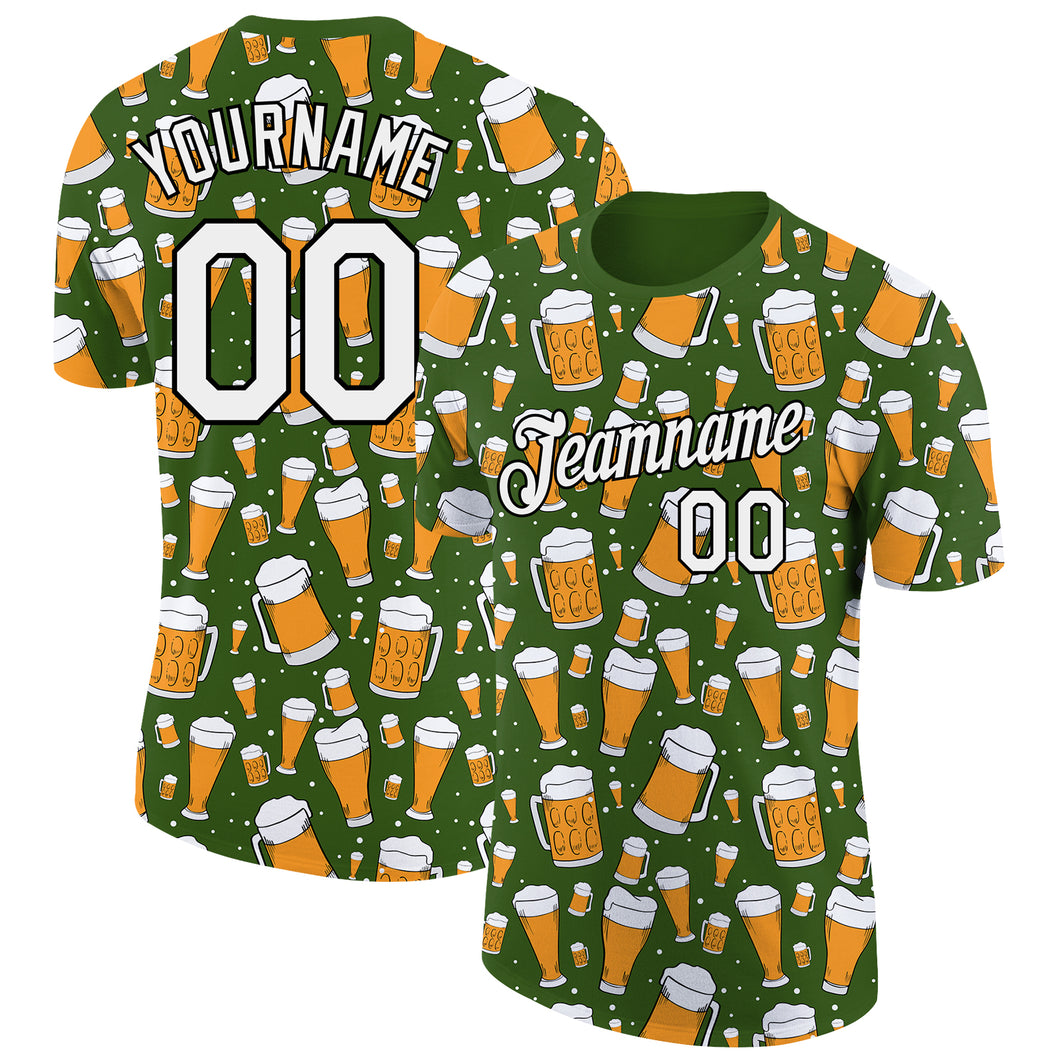 Custom Green White-Black 3D Pattern Design Beer Performance T-Shirt