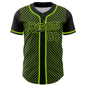 Custom Black Neon Green 3D Pattern Design Diagonal Stripes Authentic Baseball Jersey