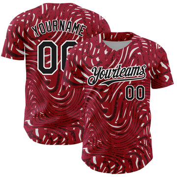 Custom Crimson Black-White 3D Pattern Design Abstract Fluid Authentic Baseball Jersey