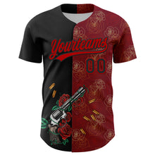 Load image into Gallery viewer, Custom Crimson Black-Red 3D Pattern Design Gothic Style Gun With Rose Authentic Baseball Jersey
