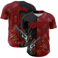 Load image into Gallery viewer, Custom Crimson Black-Red 3D Pattern Design Gothic Style Gun With Rose Authentic Baseball Jersey
