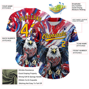 Custom Red Gold-Navy 3D American Flag Eagle And Star Authentic Baseball Jersey