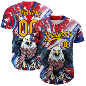 Custom Red Gold-Navy 3D American Flag Eagle And Star Authentic Baseball Jersey