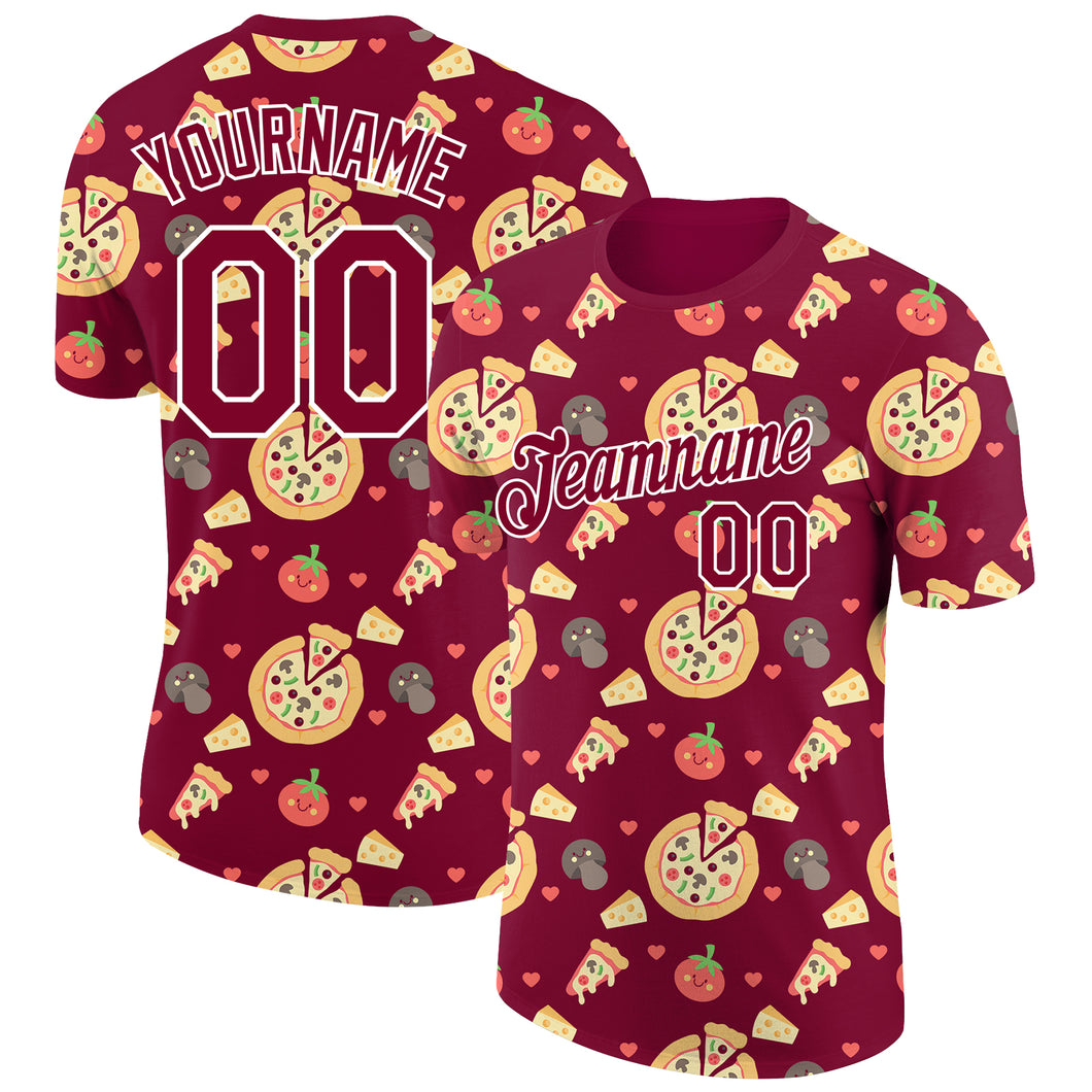 Custom Maroon White 3D Pattern Design Food Pizza Performance T-Shirt