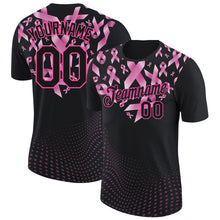 Load image into Gallery viewer, Custom Black Pink 3D Pink Ribbon Breast Cancer Heart Performance T-Shirt
