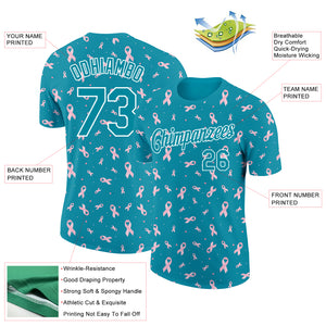 Custom Teal White 3D Pink Ribbon Breast Cancer Performance T-Shirt