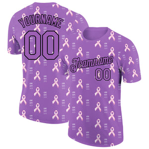 Custom Medium Purple Black 3D Pink Ribbon Breast Cancer Performance T-Shirt