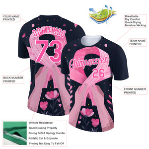 Custom Black Pink-White 3D Pink Ribbon Breast Cancer Performance T-Shirt