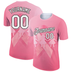 Custom Medium Pink White-Black 3D Pink Ribbon Breast Cancer Performance T-Shirt