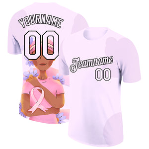 Custom Light Purple Black 3D Pink Ribbon Breast Cancer Performance T-Shirt