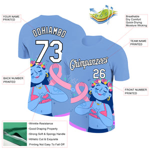 Custom Light Blue White-Black 3D Pink Ribbon Breast Cancer Performance T-Shirt