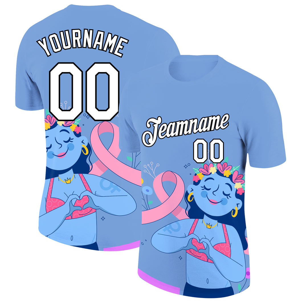 Custom Light Blue White-Black 3D Pink Ribbon Breast Cancer Performance T-Shirt