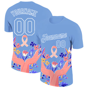 Custom Light Blue White 3D Pink Ribbon Breast Cancer Performance T-Shirt