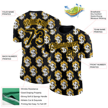 Custom Black Gold 3D Pattern Design Burnfiring Dollar Sign Money Theme Performance T-Shirt