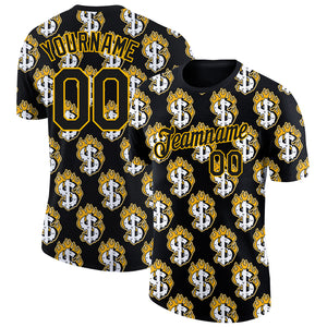 Custom Black Gold 3D Pattern Design Burnfiring Dollar Sign Money Theme Performance T-Shirt