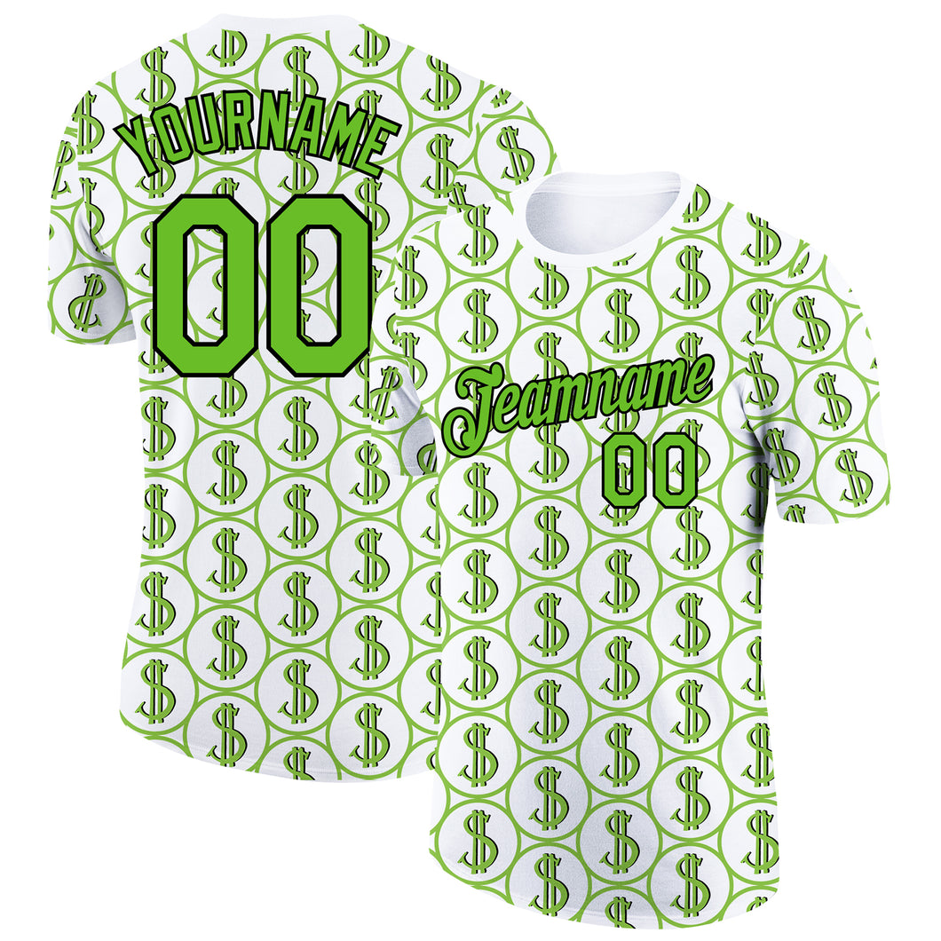 Custom White Aurora Green-Black 3D Pattern Design Dollar Sign Money Theme Performance T-Shirt