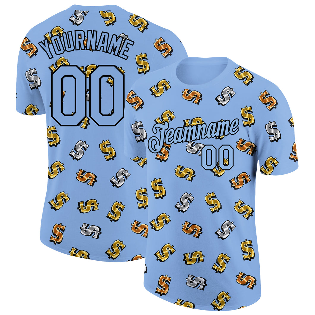 Custom Light Blue Black 3D Pattern Design Dollar Sign Money Theme Performance T-Shirt