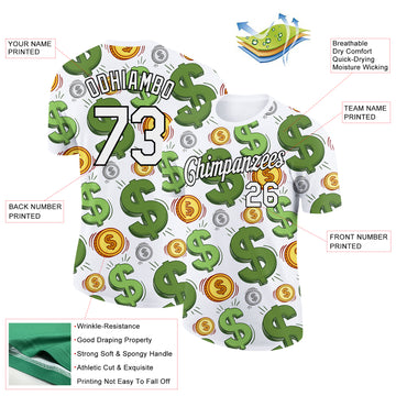 Custom White Black 3D Pattern Design Dollar Sign Money Theme Performance T-Shirt