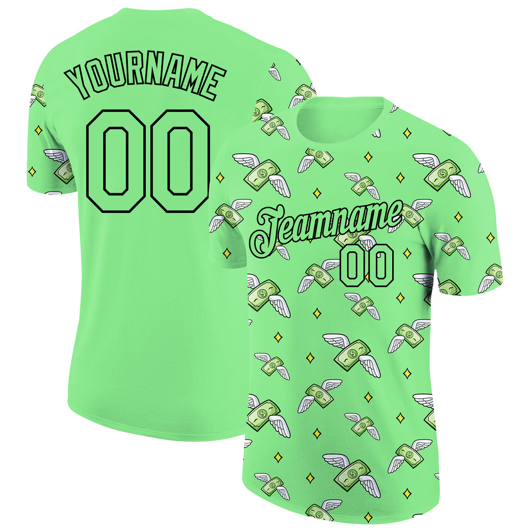 Custom Pea Green Black 3D Pattern Design Dollar Sign Money Theme Performance T-Shirt