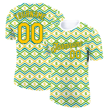 Custom White Yellow-Midnight Green 3D Pattern Design Dollar Sign Money Theme Performance T-Shirt