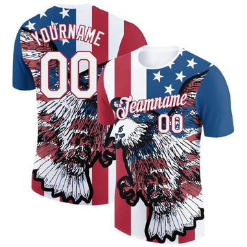 Custom White Red-Royal 3D American Flag And Eagle Performance T-Shirt