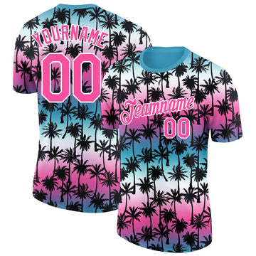 Custom Teal Pink-White 3D Pattern Design Hawaii Palm Trees Performance T-Shirt