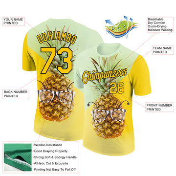 Custom Pea Green Gold-Black 3D Pattern Design Hawaii Style Pineapple Performance T-Shirt