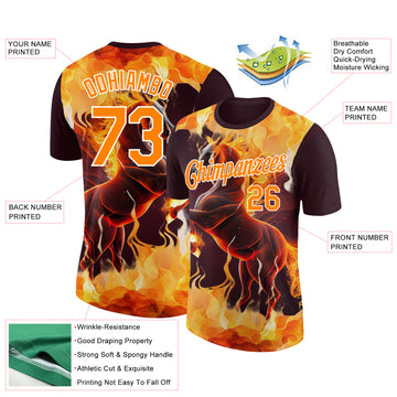 Custom Brown Bay Orange-White 3D Pattern Design Animal Horse In Flames Performance T-Shirt