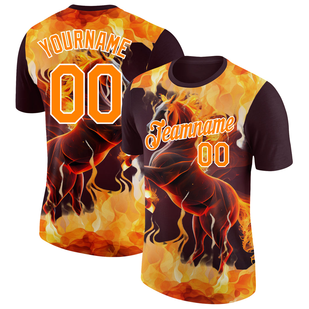 Custom Brown Bay Orange-White 3D Pattern Design Animal Horse In Flames Performance T-Shirt