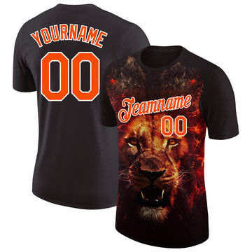 Custom Black Orange-White 3D Pattern Design Animal Lion Performance T-Shirt