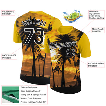 Custom Gold Black-White 3D Pattern Design Hawaii Palm Trees Performance T-Shirt