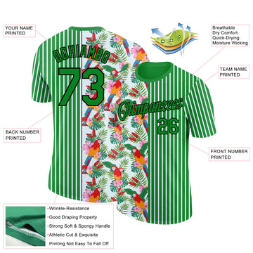 Custom Grass Green Black-White 3D Tropical Hawaii Leaves And Animal Parrot Performance T-Shirt